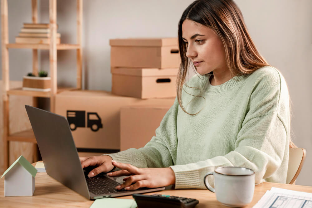Empreendedora usando sistema de vendas online no notebook — gestão comercial para pequenas e médias empresas