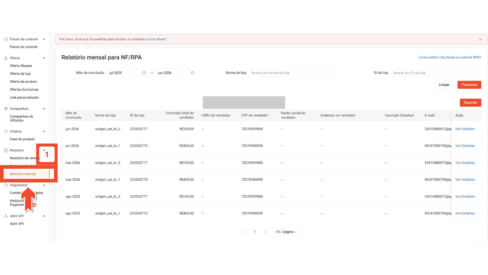 Passo a passo para exportar o relatório mensal de comissão extra na Central do Afiliado Shopee
