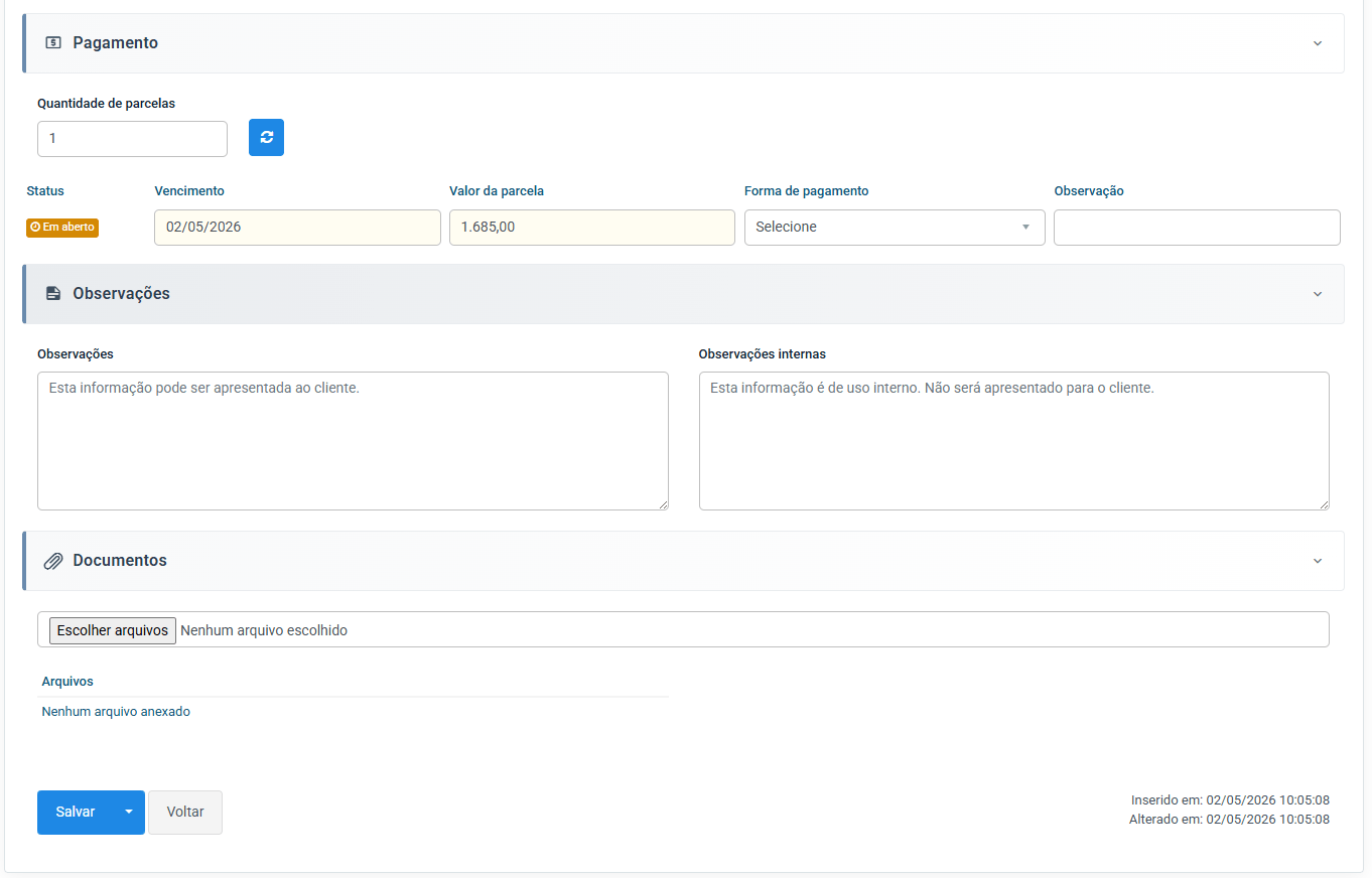 Pagamento e documentos da ordem de serviço no Actana — parcelas, observações e anexos