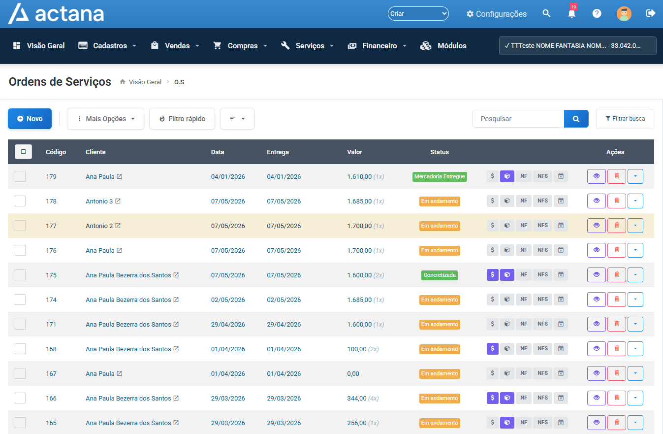Listagem de ordens de serviço no Actana — cliente, data, valor, status e ações integradas