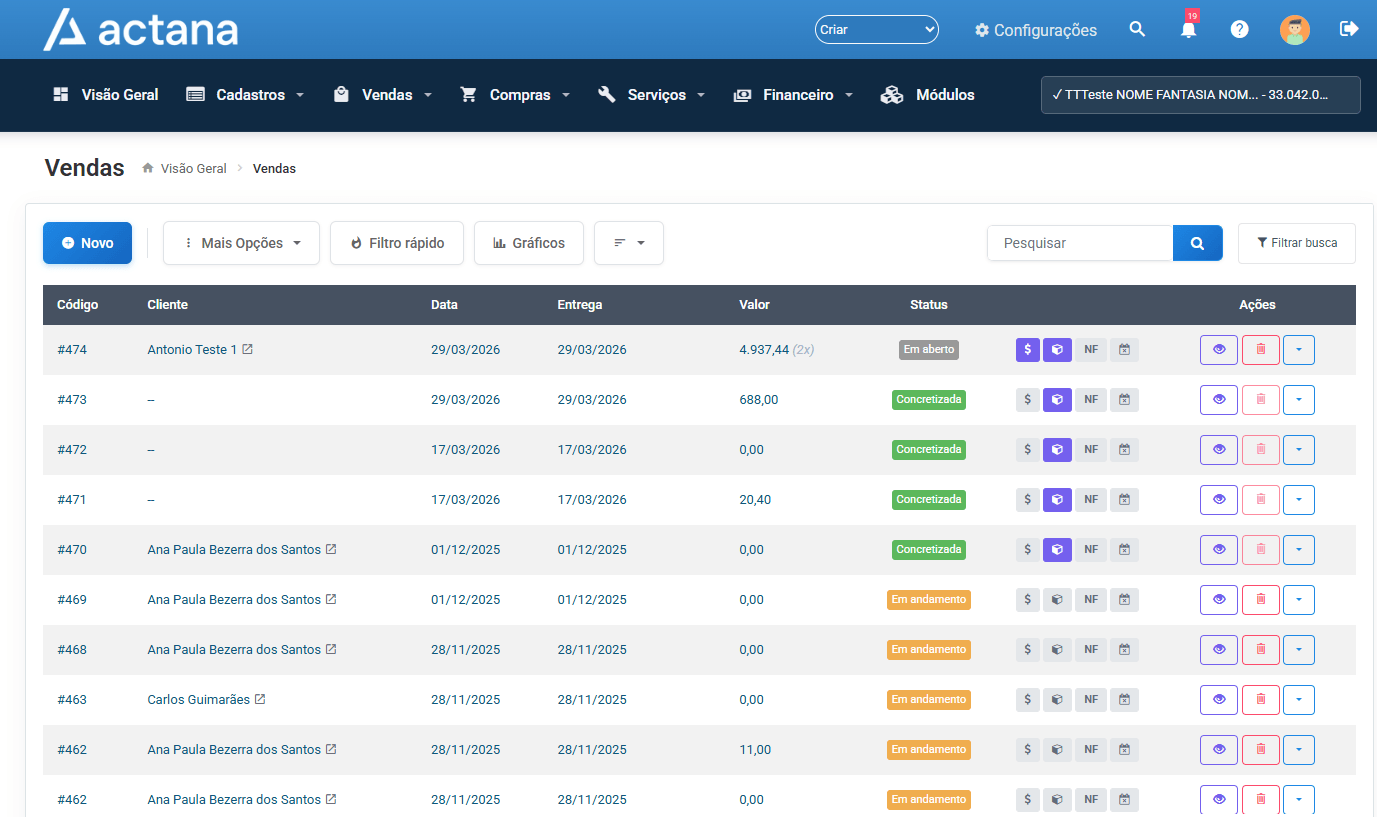 Sistema de vendas Actana — listagem de vendas com cliente, valor, status e ações integradas